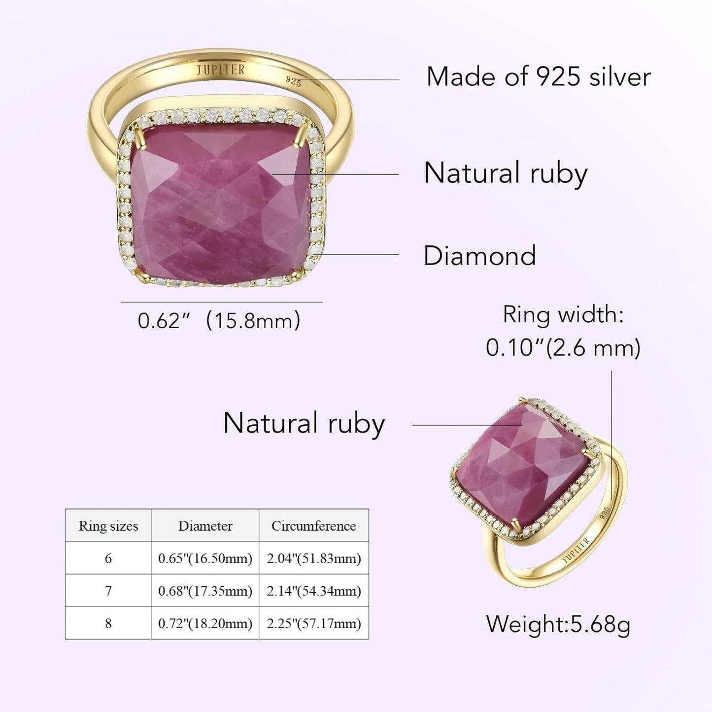 Natural Gemstone Rings, 925 Sterling Silver Genuine Gemstone Square Ring with Diamonds for Women Girls, Birthstone Rings Jewelry Gifts for Valentine'S Day, Birthday (Available 6,7,8)
