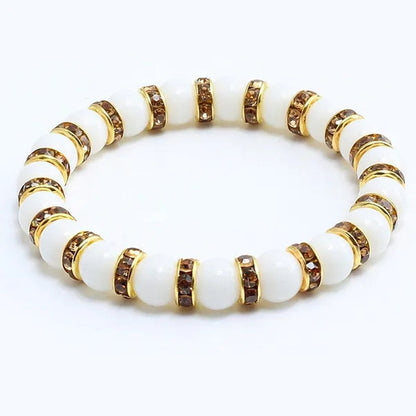 Natural Stone Pink Crystal Quartz &White Porcelain Rhinestones Bracelets & Bangles Charm Powder Beads Strand Bracelet Love Gifts for Women Men Casual Jewelry