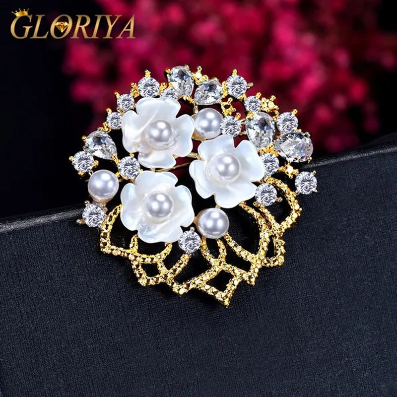Gloriya Natural Shell Flower with Freshwater Pearl Exquisite Brooch Inlaid Sparkly AAA CZ Diamond Lapel Pin Jewelry Wedding Bouquets