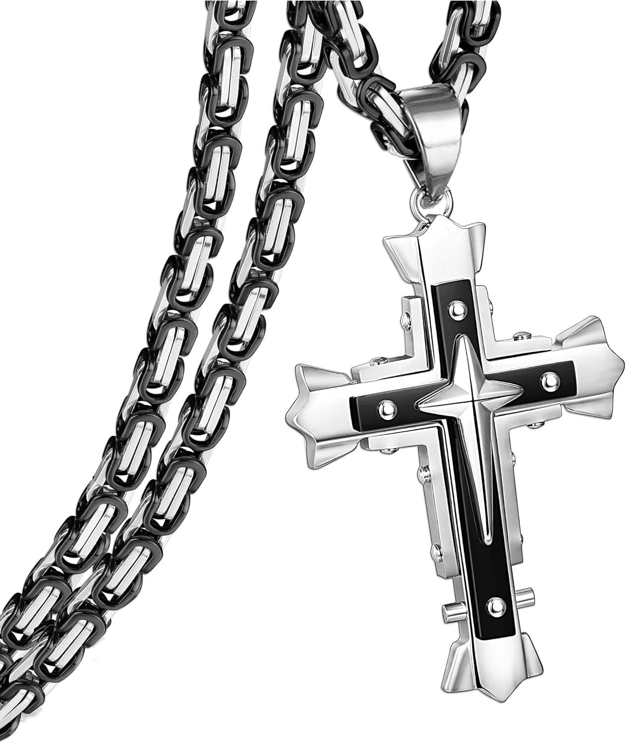 Stainless Steel Large Jesus Christ Cross Pendant Necklace Religious Jewelry for Men,On 24 in Rolo/Byzantine Chain,Silver/Gold/Black
