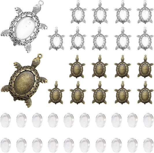 40 Pieces 2 Colors Antique Bronze Silver Turtle Pendant Settings Include 20Pcs Blank Bezel Pendant Trays 20Pcs Clear Oval Glass Cabochons Bases for Memorial Photo Pendant DIY Art Crafts Jewelry Making