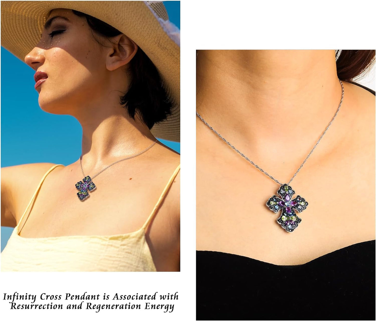 Cross Pendant Necklace for Women 925 Sterling Silver Natural Gemstone London Blue Topaz Peridot Amethyst Cross Jewelry