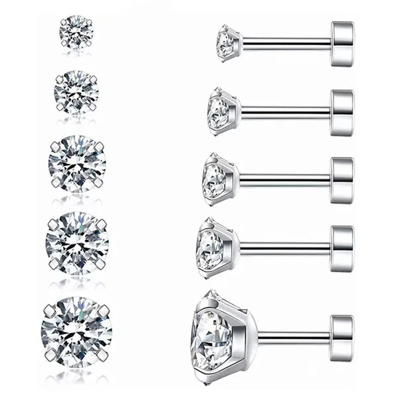 1 Pair/9 Pairs 18G Stainless Steel Ear Stud Piercing Barbell Studs Earrings round Cubic Zirconia Inlaid Body Jewelry for Women Girls Kids Christmas Present