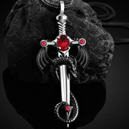 2021 New Retro Men's 316L Stainless Steel Ruby Sword and Dragon Pendant Necklace Punk Men's Party Necklace Best Jewelry Gift