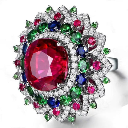 Luxury Silver Ruby & Emerald & Sapphire & White Sapphire Natural Stone Birthstone Gemstones Engagement Eyes Brand Flower Rings Wedding Anniversary Bride Women Ring Size 678910