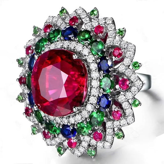 Luxury Silver Ruby & Emerald & Sapphire & White Sapphire Natural Stone Birthstone Gemstones Engagement Eyes Brand Flower Rings Wedding Anniversary Bride Women Ring Size 678910