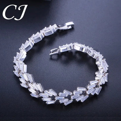 CANDICE New Trendy Sterling Silver Hand Bangle Jewelry Noble Rectangle Purple Crystal Women Tennis Bracelets With White Zirconia