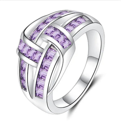 Princess Silvering Purple Amethyst Gemstone Birthstone Wedding Engagement Heart Ring