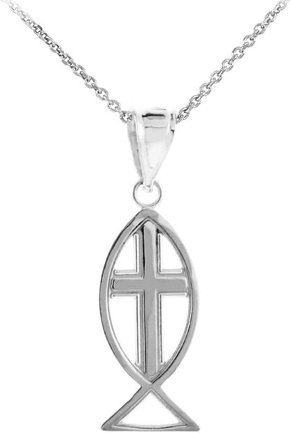 925 Sterling Silver Christian Cross Charm Ichthus Fish Pendant Necklace