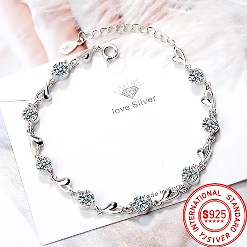 Hot 925 Sterling Silver Zircon Love Heart Shaped Bracelets Crystals  for Women Valentines Gift Wedding Party Cute Jewelry