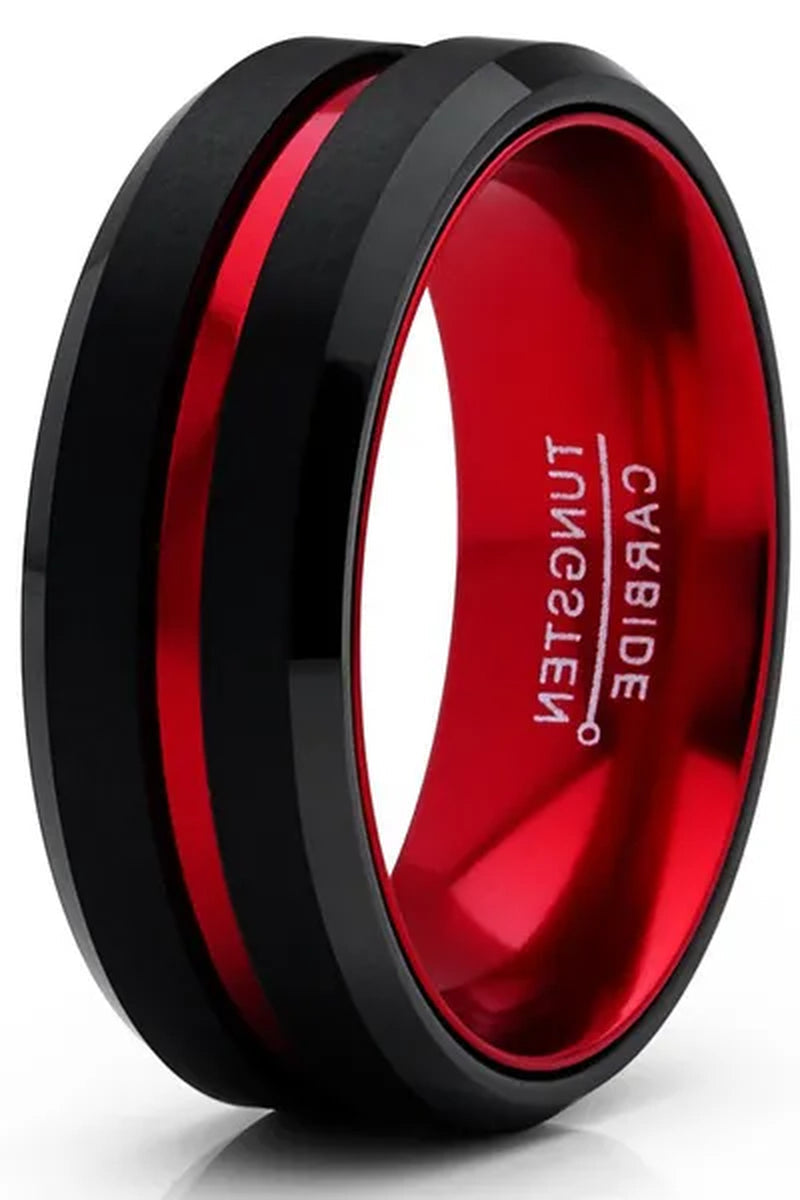 Men's Tungsten Carbide Ring Grooved Wedding Band Color Interior 8MM Blue Red Green Red