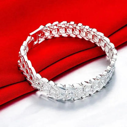 FASHION 925 Sterling Silver Men's Flower Detail Chain Bracelet