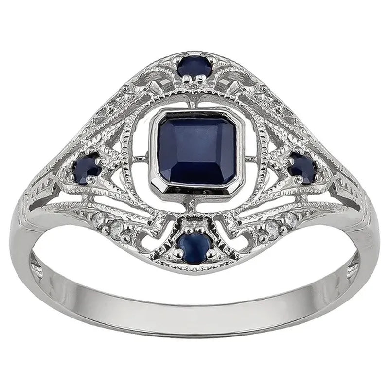 10k White Gold Vintage Style Genuine Sapphire and Diamond Ring