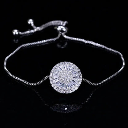 Gloriya Trendy Round Charm Pave Sparkling White Cubic Zirconia Silver Plated Adjustable Box Chain Bracelet & Bangle for Women Korean Simple Minimalist Jewelry