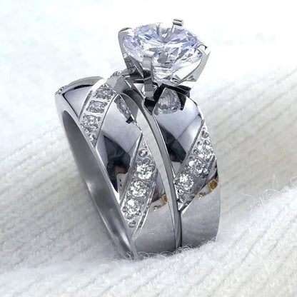 Size 5-10 Hers Women's Stainless Steel  Color Wedding Engagement Ring Transparent Stone R297R298