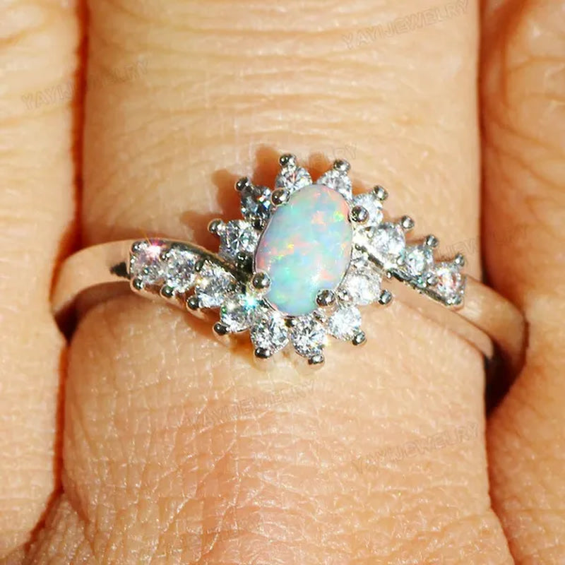 Exquisite Women's  Silver Ring Oval Cut Fire Opal Diamond Jewelry Birthday Proposal Gift Bridal Engagement Party Band Rings Size 5-12