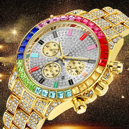 Men Watch Luxury Brand Mens Gold Men Watch Quartz Clock Chronograph Colorful Diamond Steel Iced Out Watch Reloj Hombre