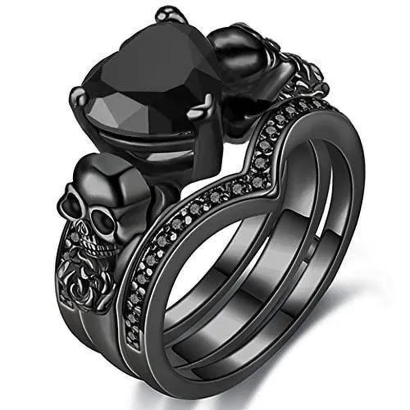 Gothic Black Rose Flower Skull Engagement Rings Set Red Purple Heart-shaped Zircon Crystal Wedding Anniversary Holiday Gift
