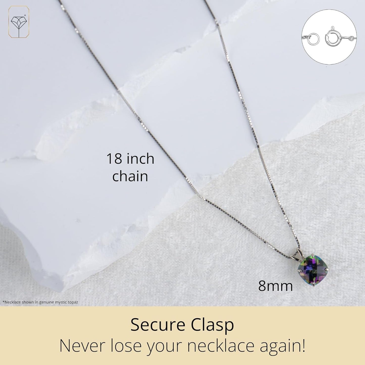 14K White Gold 8Mm Cushion Cut Birthstone Pendant Necklace for Women with 18 Inch Box Chain
