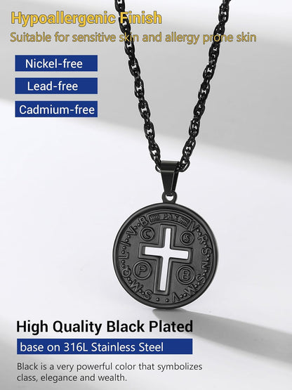 Stainless Steel Saint Benedict Medal Necklace, Protection Jewelry for Men Women, 18K Real Gold Plated, 22Inch-24Inch Adjustable, Come Gift Box