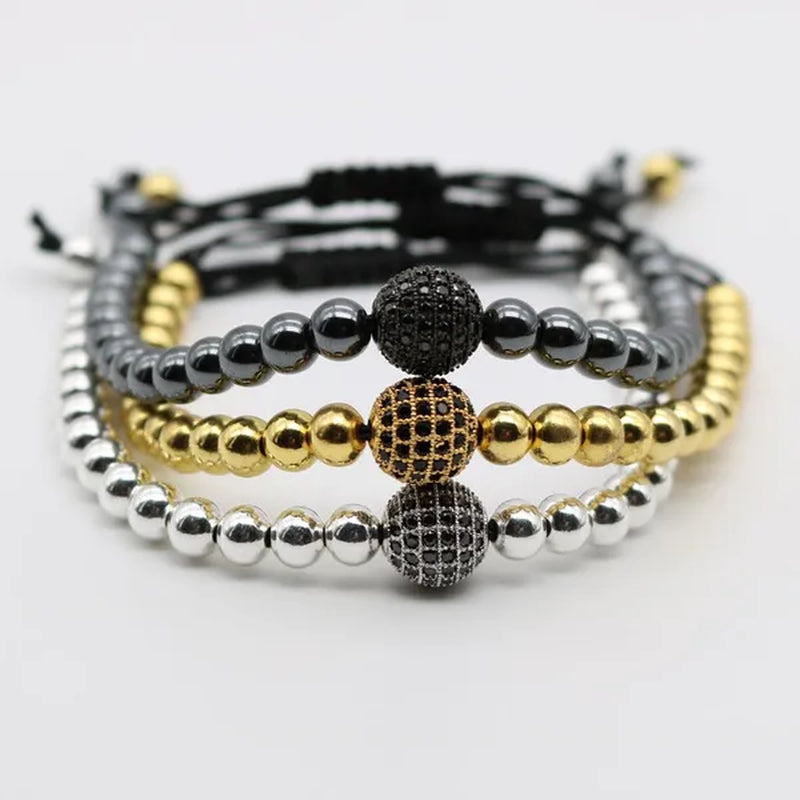Fashion Gold Plated and Silver Plating Micro Pave CZ Zircon Stone Beads 1 Disco Ball Macrame Men Bracelet