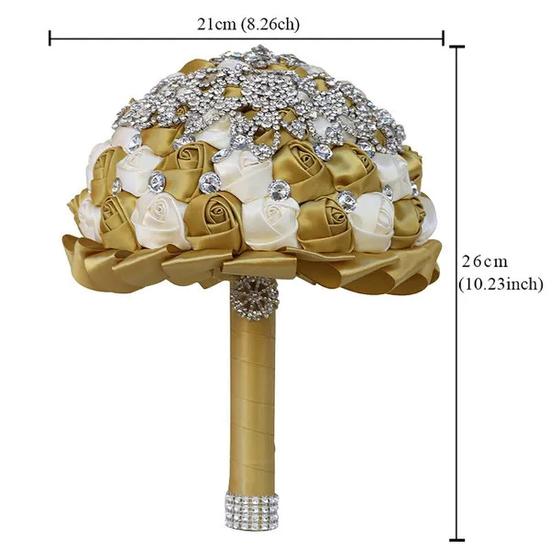 21CM Creative Handmade Diamond Flower Brooch Bouquet Ribbon Silk Rose Wedding Flower Bridal Bouquet Bridesmaid Holding Flowers