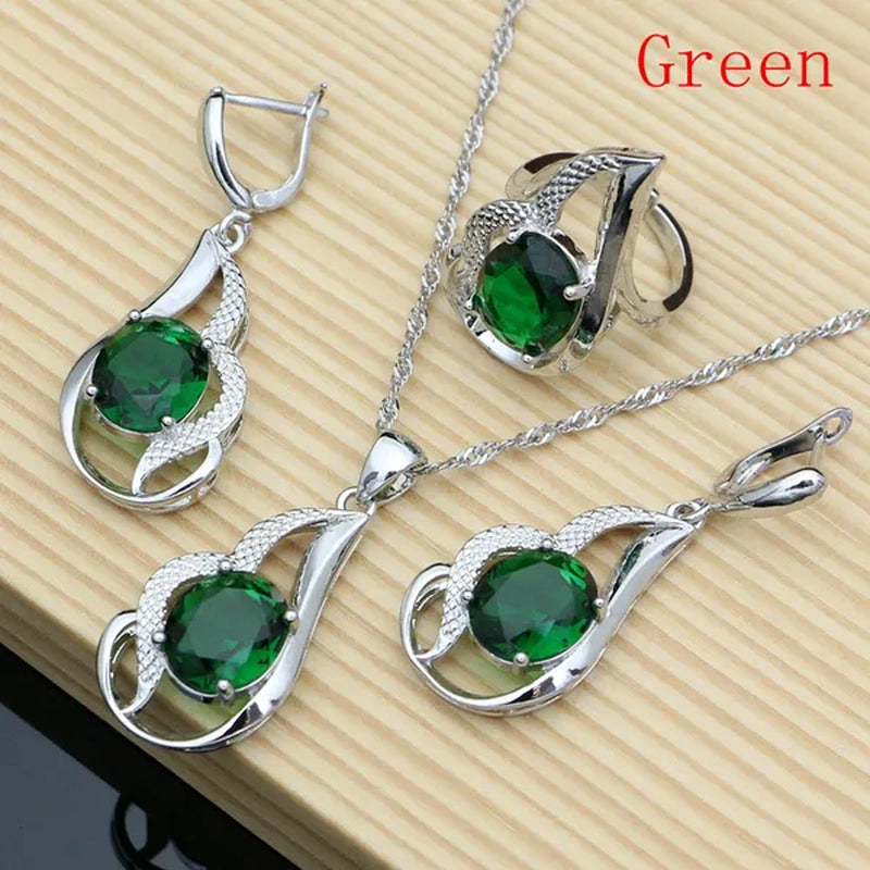 925 Silver Jewelry Sets for Women Rainbow Tourmaline  Wedding Necklace Earrings Open Ring