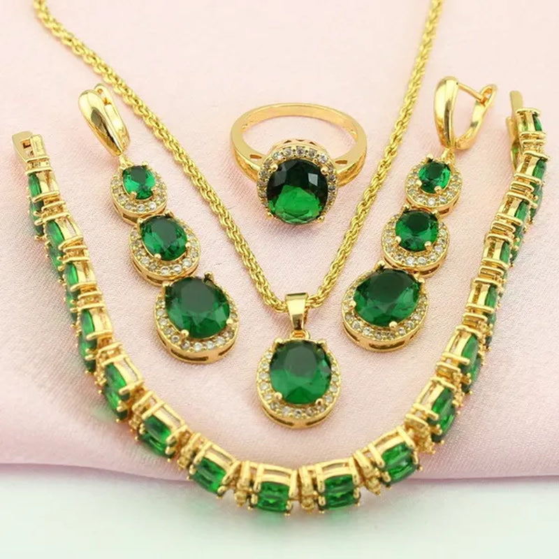 Flawless Long Gold Color Women Jewelry Sets Green Zircon Drop Earrings Necklace Pendant Rings Oval Bracelet Dating Gift