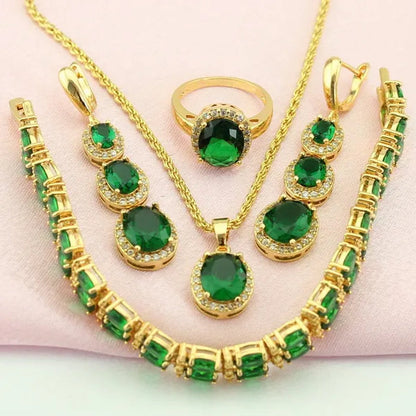 Flawless Long Gold Color Women Jewelry Sets Green Zircon Drop Earrings Necklace Pendant Rings Oval Bracelet Dating Gift