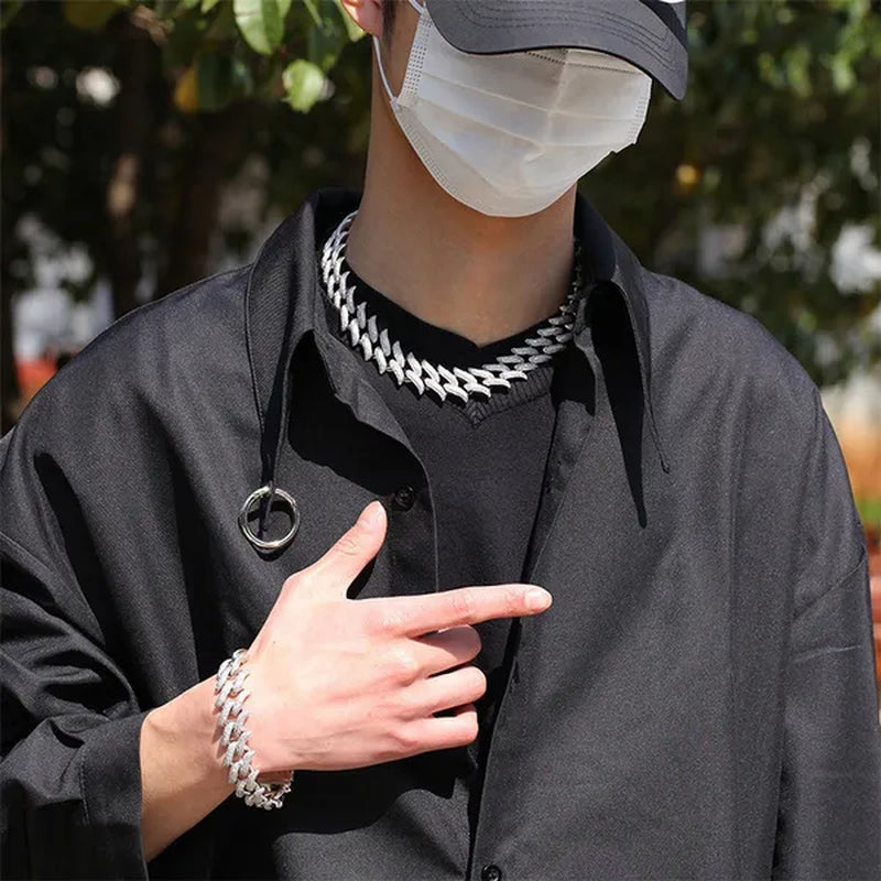 New Fashion Jewelry 925 Silver/Gold/Rose Gold Plated Men Cuban Miami Link Necklace Stainless Steel Diamond Silver Chain Necklace or Bracelet 7/8/18/20/24 Inches 1Pcs