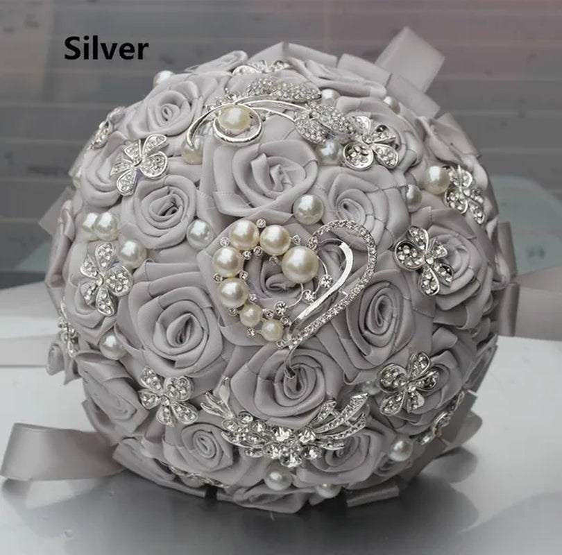 18CM Crystal Wedding Bouquets 100% Handmade Durable Holding Artificial Flowers Diamond Brooch Pearl Bridal Bouquets