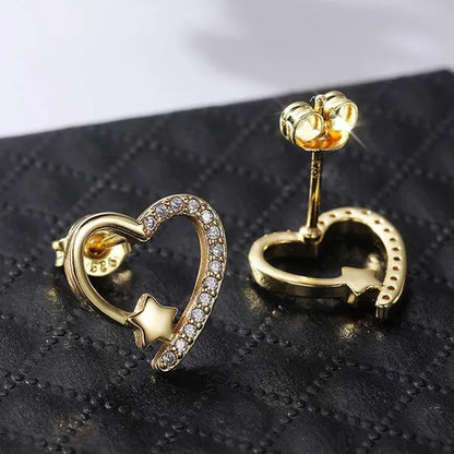 NEW Gold  Love Heart Star White Sapphire Diamond Stud Earrings for Women Wedding Engagement Bride Jewelry Gift