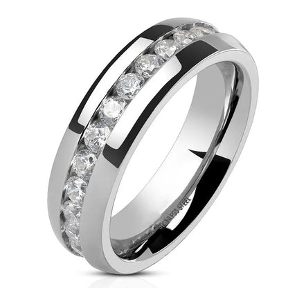His and Hers Stainless Steel Princess Wedding Ring Set and Eternity Wedding Band