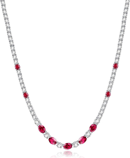 Sterling Silver Tennis Necklace 4Mm 18 Inch Birthstone Necklace with 6 * 8Mm Oval Gemstone Luxury Fine Birthday Jewelry Gifts for Women