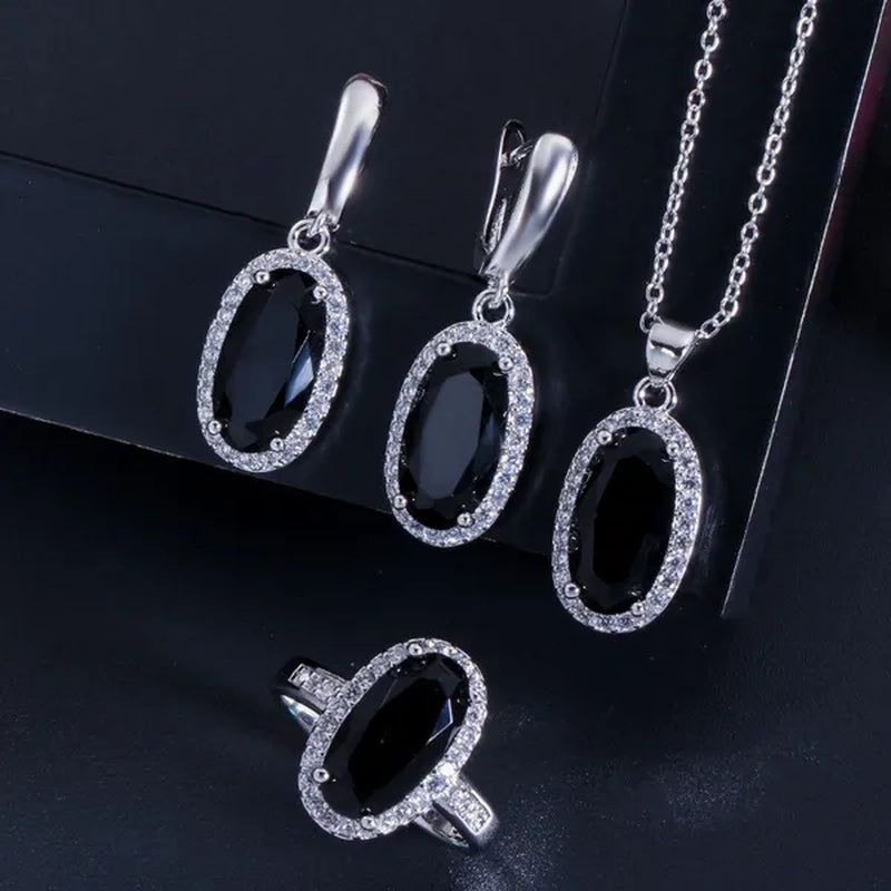 Gloriya Brand 925 Sterling Silver Bright Oval Yellow Topaz Crystal with White CZ Pendant Necklace Earrings and Ring Set for Women Gorgeous Cocktail Party Jewelry Sets