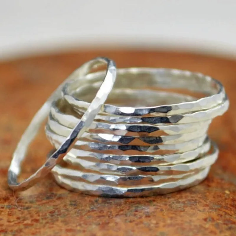 Stylish Ultra-Thin 925 Sterling Silver Stackable Rings 14K Hammer Rring Size 6-10