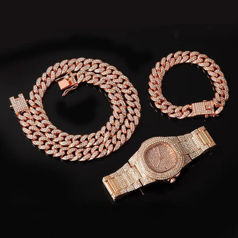 Fashion Gold Stainless Steel Hip Hop Jewelry Iced Out Diamond Thick Miami Cuban Link Chain Necklace Bracelet Watch Ring Jewelry Set