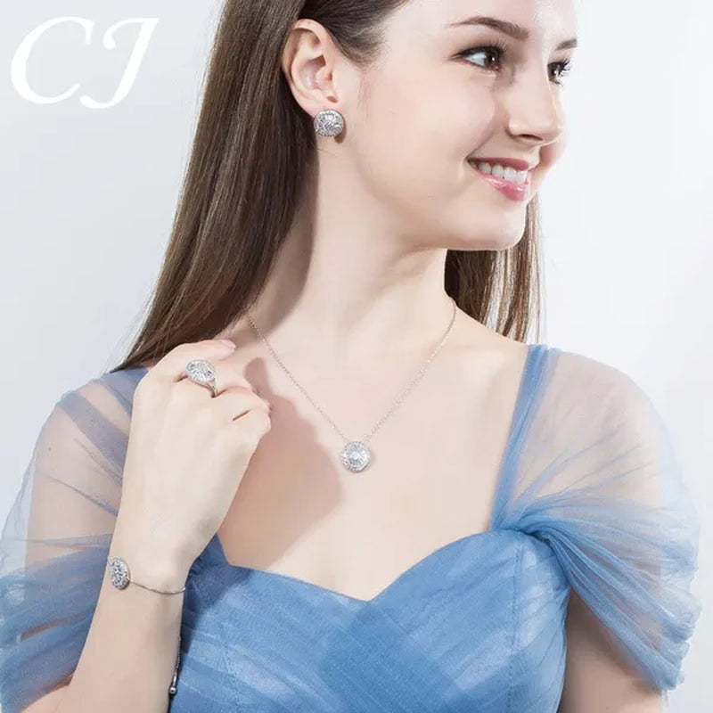 CANDICE Sparkling CZ Stone White Gold Plated 4pcs Wedding Jewelry Sets Round Pendant Necklace Earrings Bracelet Ring Prom Set For Brides
