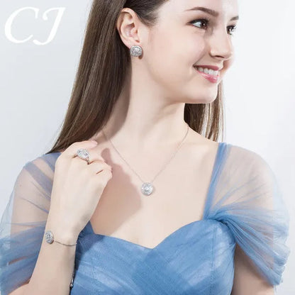 CANDICE Sparkling CZ Stone White Gold Plated 4pcs Wedding Jewelry Sets Round Pendant Necklace Earrings Bracelet Ring Prom Set For Brides