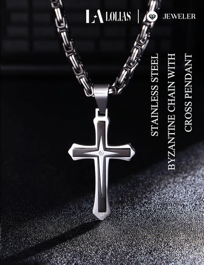 Black 14K Gold Plated 𝐂𝐫𝐨𝐬𝐬 𝐍𝐞𝐜𝐤𝐥𝐚𝐜𝐞 for Men Stainless Steel 𝐁𝐲𝐳𝐚𝐧𝐭𝐢𝐧𝐞 Chain with Cross Pendant Necklace 𝐌𝐞𝐧𝐬 𝐆𝐢𝐟𝐭 22-30Inch