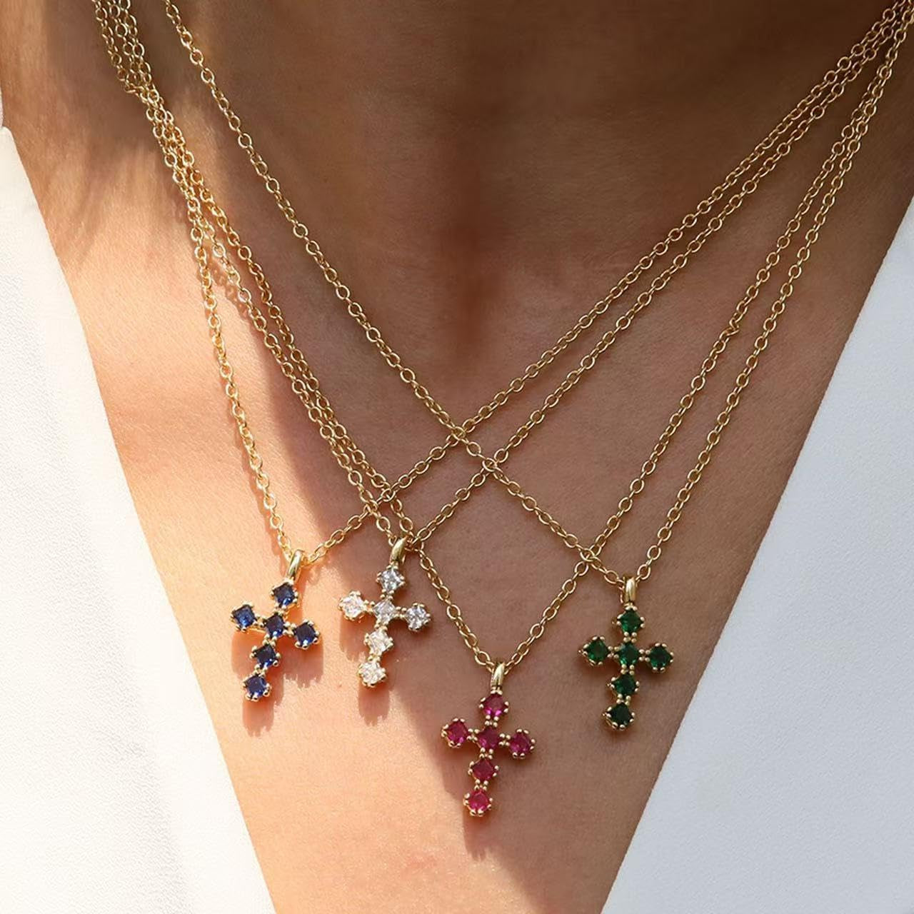 Cross Necklace for Women – 14K Gold Plated Dainty Diamond Necklaces Birthday Gift for Mothers Cubic Zirconia Faith Jewelry, First Communion, Birthstone Necklaces