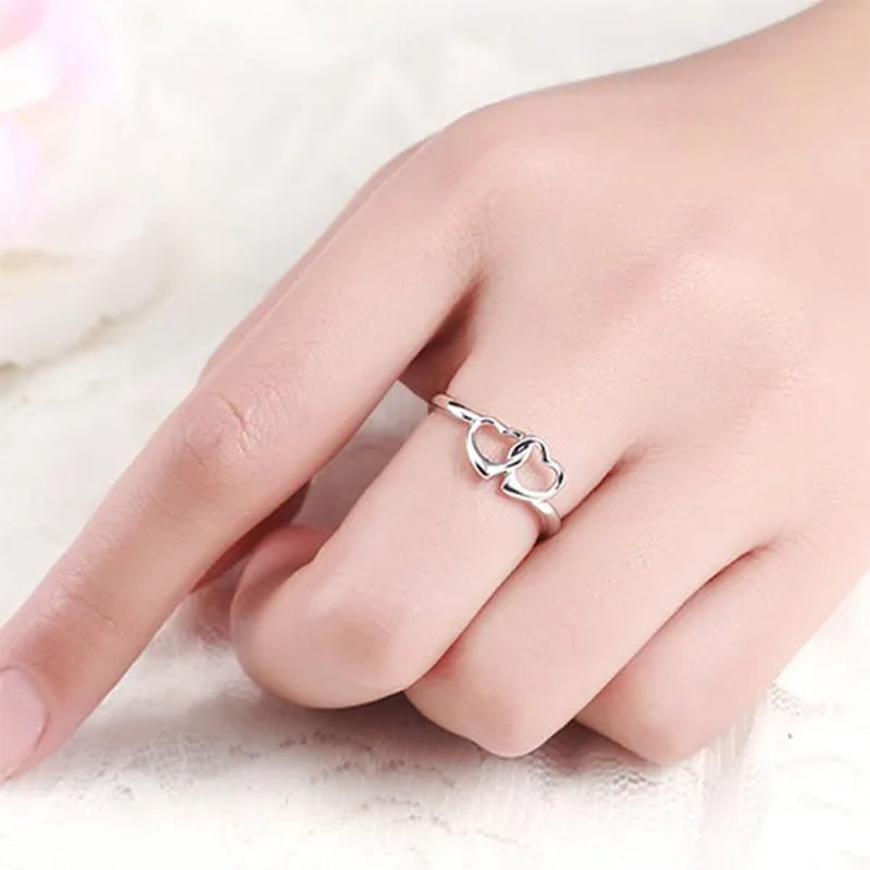Cute Simple Double Heart Shaped Ring Elegant 925 Sterling Silver Rings Gifts for Women Girl