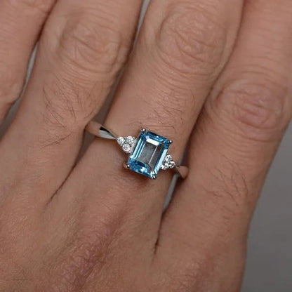 7*9mm Aquamarine/Sapphire 925 Sterling Silver Engagement Wedding Ring for Women Girl Size 6-10