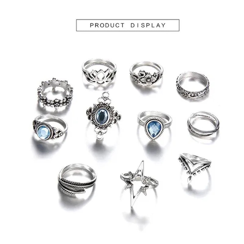 11Pcs/Set Retro Finger Ring Set Boho Crown Star Silver Carved Knuckle Rings for Women Jewelry Gifts