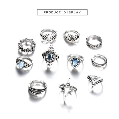 11Pcs/Set Retro Finger Ring Set Boho Crown Star Silver Carved Knuckle Rings for Women Jewelry Gifts