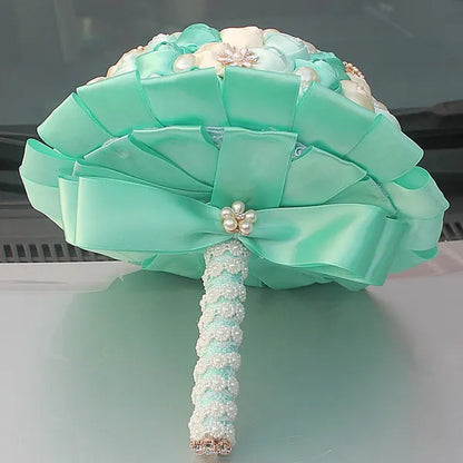 Customizable Mixed Color Silk Rose Wedding Bouquet Fine Pearl Diamond Brooch Bride Holding Flowers Artificial Wedding Flower Bridesmaid Bouquet 4Size