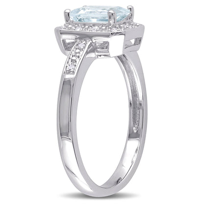 Women'S 1 Carat T.G.W. Emerald-Cut Aquamarine and Diamond Sterling Silver Cocktail Ring