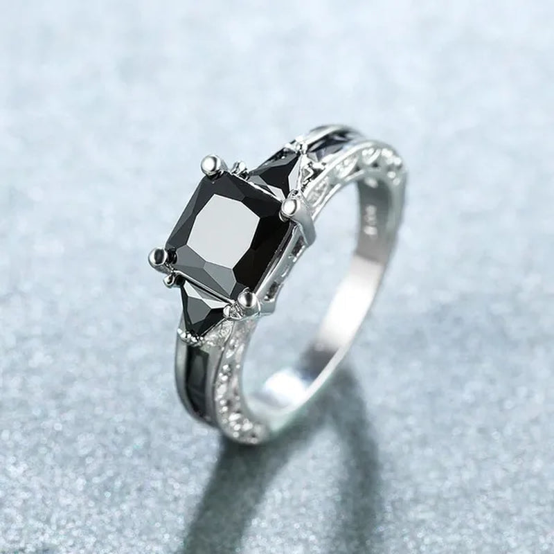 Fashion Women 18K White Gold Princess Cut Black Sapphire Diamond Wedding Ring Party Jewelry Gifts Size 6 7 8 9 10