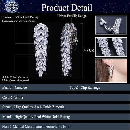 CANDICE New Paved Clear Marquise CZ Zirconia No Pierced Hole Clip on Earrings Stylish Long Leaf Eardrop Banquet Party Jewelry for Ladies
