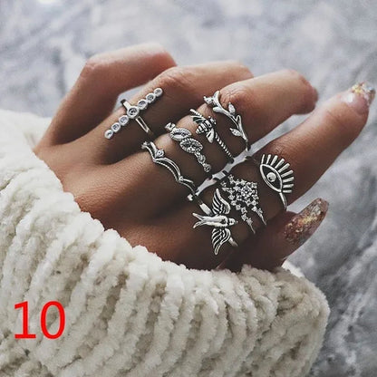 10Style Retro Beauty Avatar Coin Cross Ring Set Pattern Love Fatima Palm Ring Set for Women